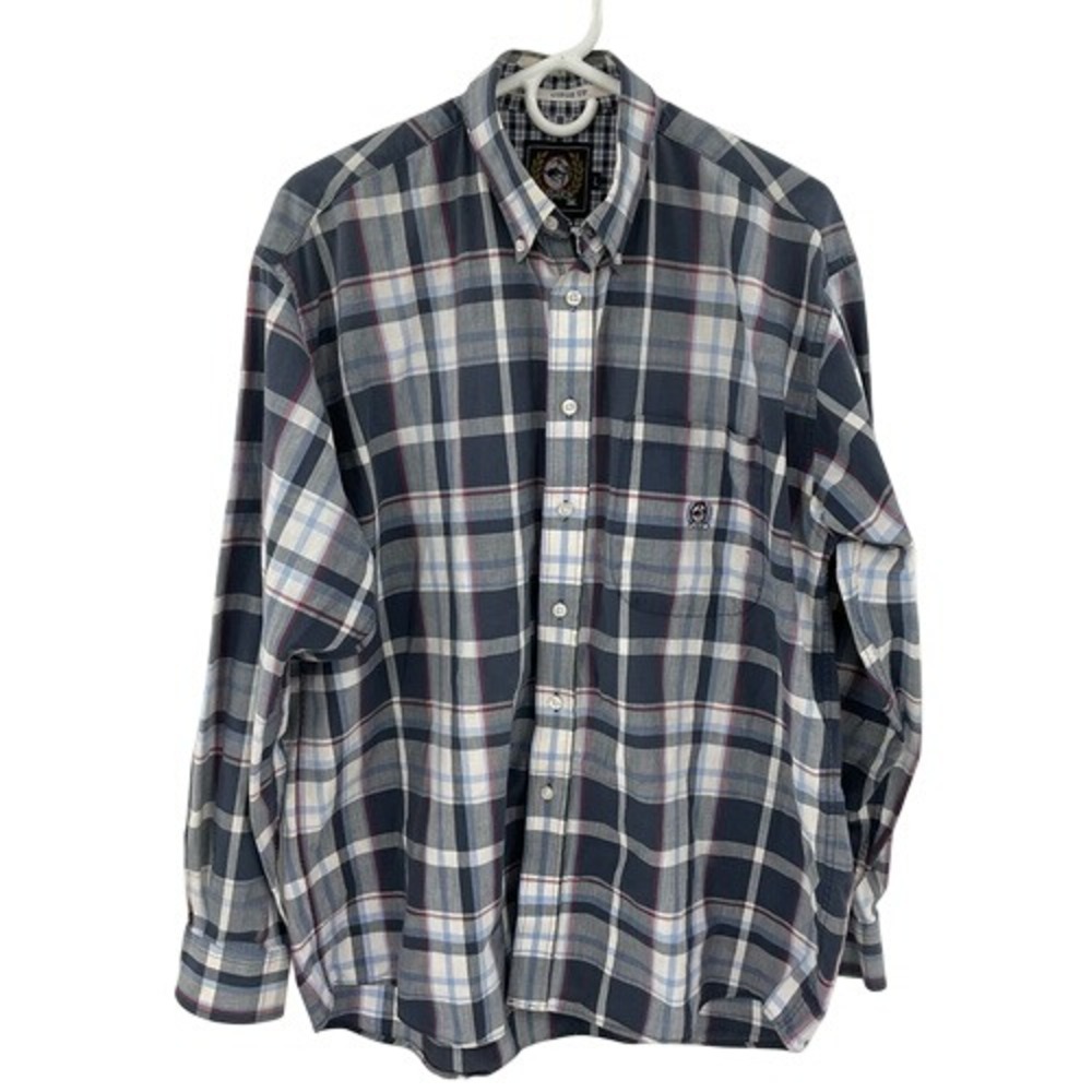 Cinch Mens Large‎ Plaid Button Down Shirt Navy Blue Long Sleeve Western Logo L